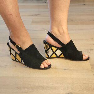 VINTAGE Black Suede Peep Toe Wedges with Gold and Silver Diamonds 1960 Size 9/10